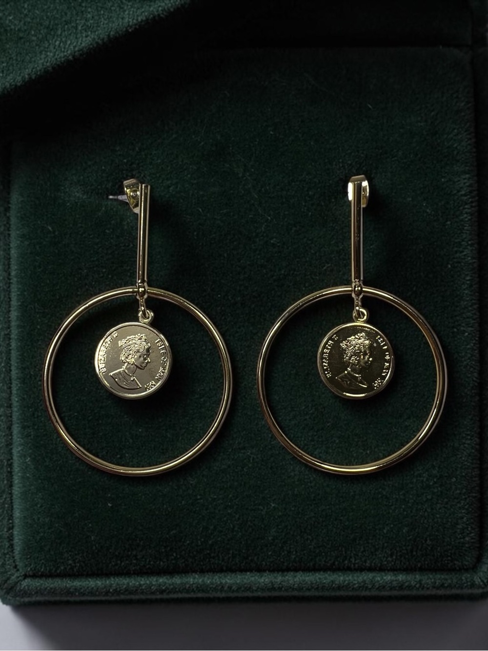 Gold Coin Hoop Drop Earrings - Classic Women's Jewelry